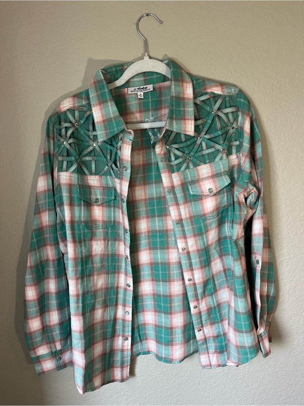 Back in the Saddle Plaid Western Snap Shirt Lace Up Back Medium NWT Cowgirl